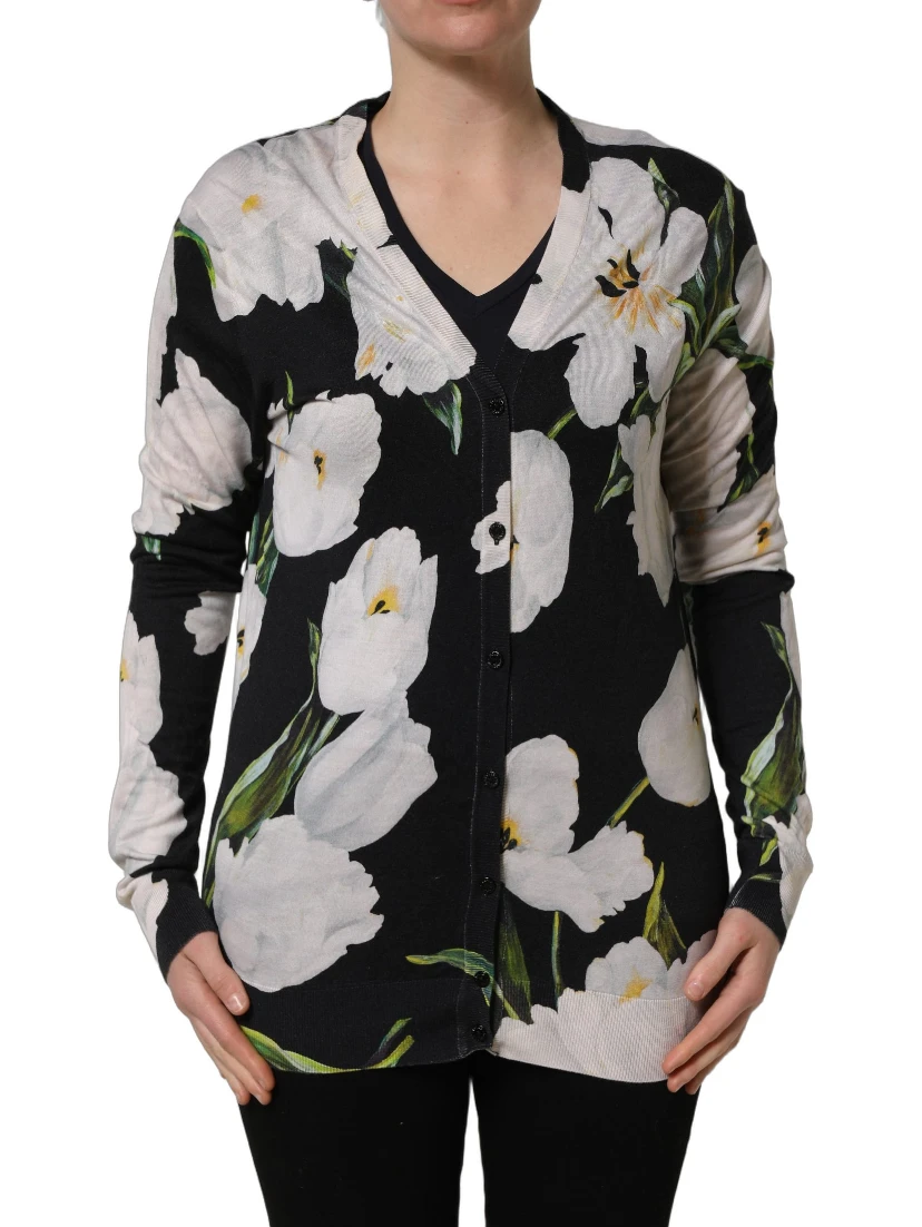 Black Floral Cashmere Silk Cardigan Sweater