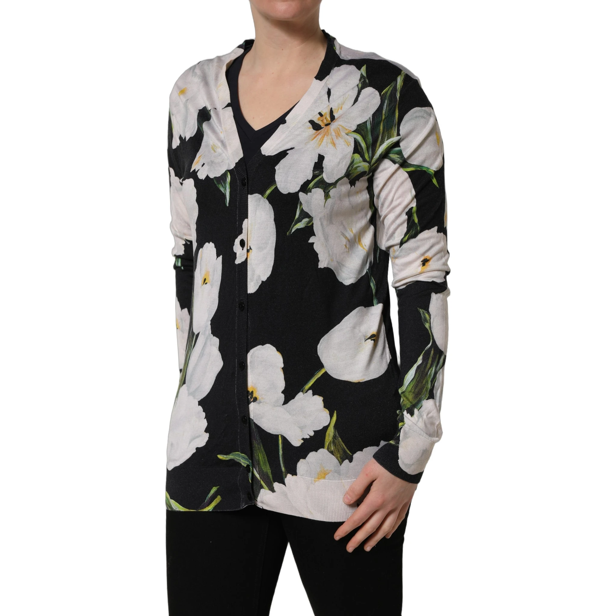 Black Floral Cashmere Silk Cardigan Sweater