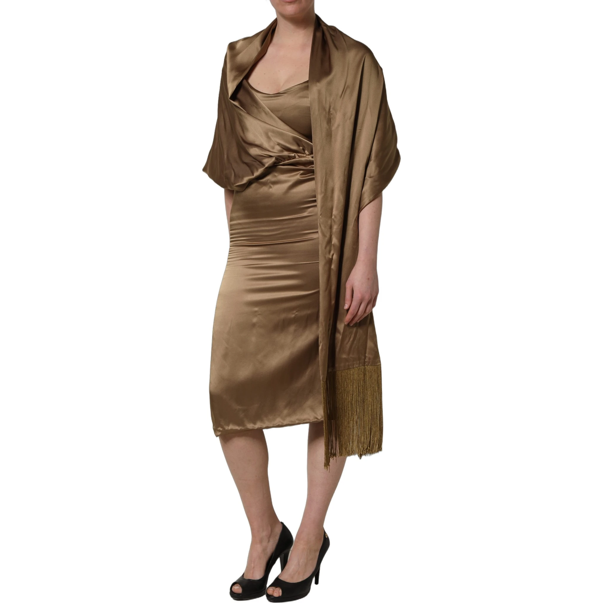 Bronze Toned Satin Fringe Hemmed Shawl Midi Dress