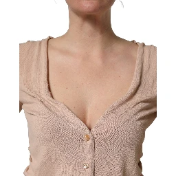 Beige Ribbed V-neck Front Tie Cardigan Sweater