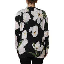 Black Floral Cashmere Silk Cardigan Sweater