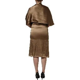 Bronze Toned Satin Fringe Hemmed Shawl Midi Dress