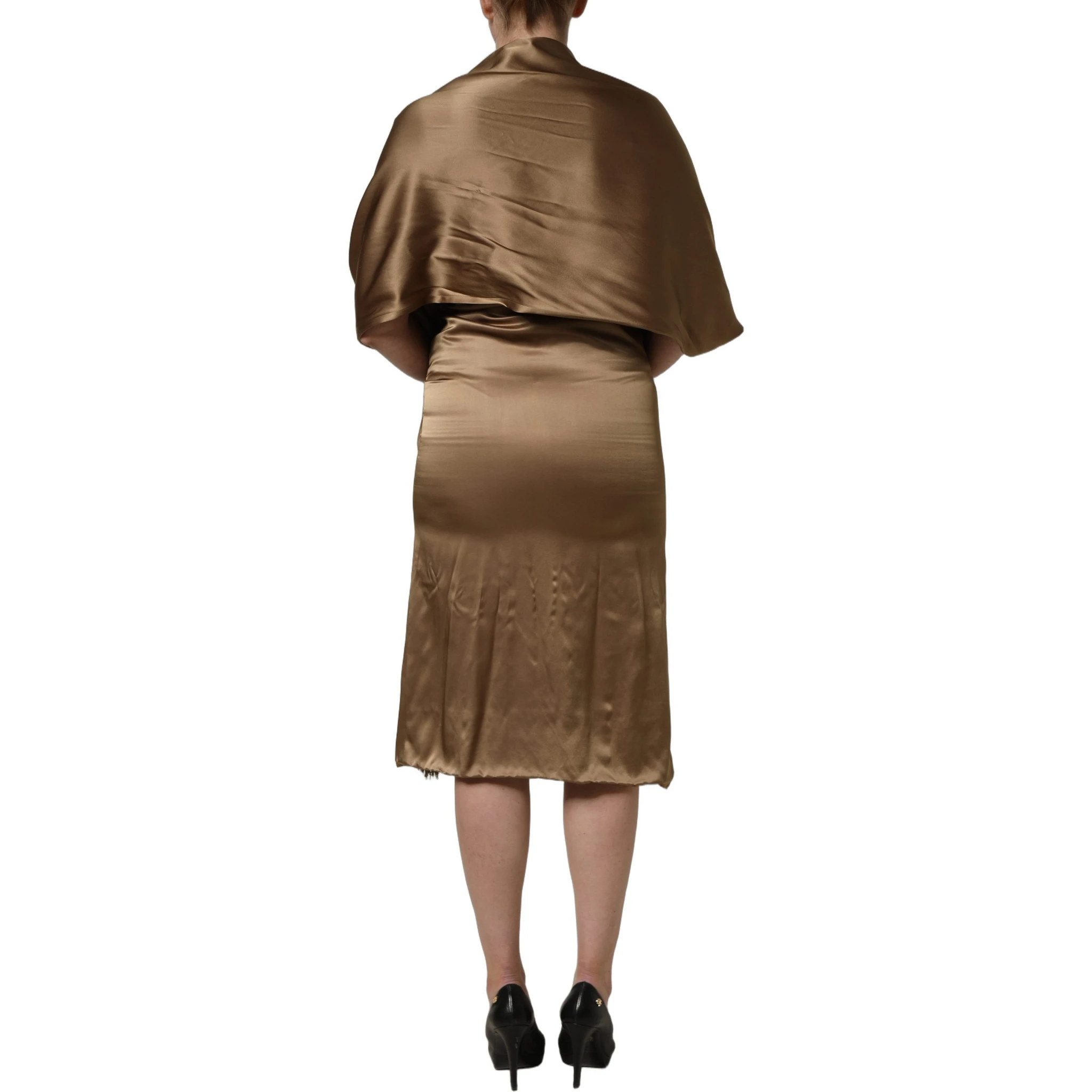 Bronze Toned Satin Fringe Hemmed Shawl Midi Dress