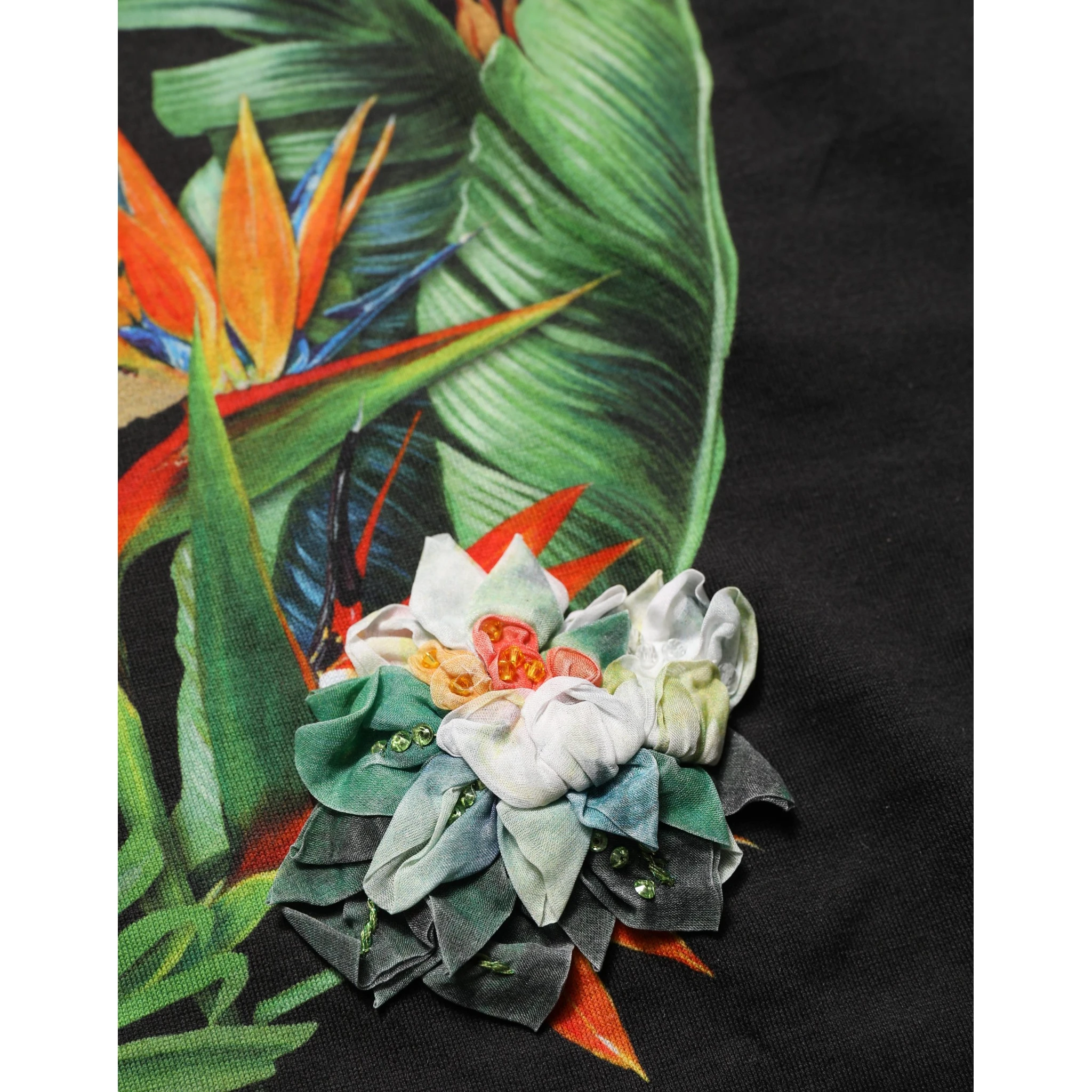 Black Tropical Jungle Round Neck T-shirt