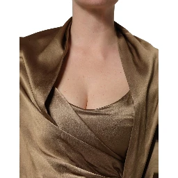 Bronze Toned Satin Fringe Hemmed Shawl Midi Dress